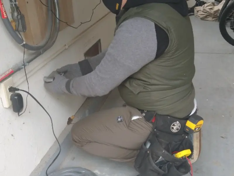 Electrician performing outlet wiring in a Haverhill garage